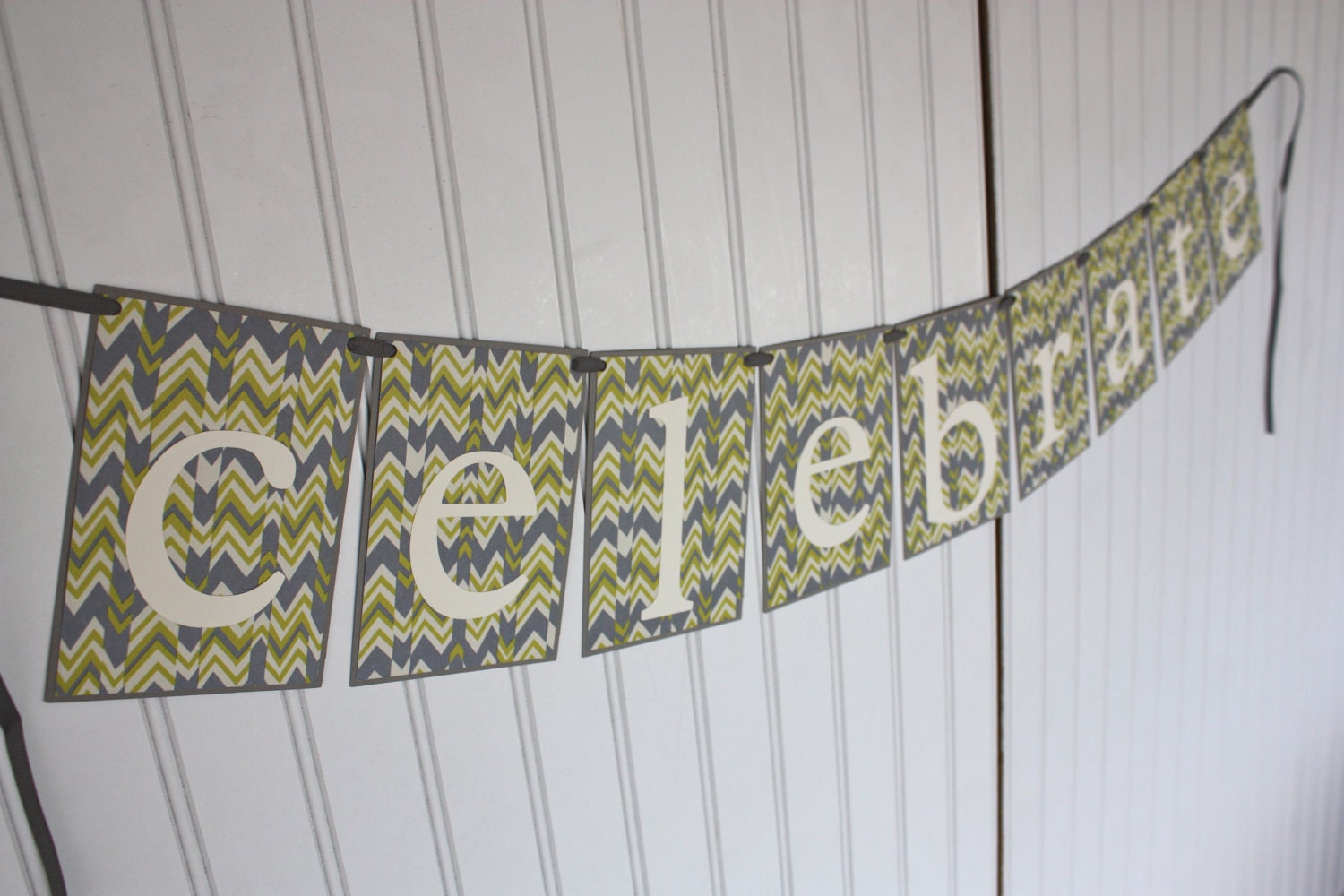 SALE: Grey, Ivory and green chevron stripe Celebrate banner
