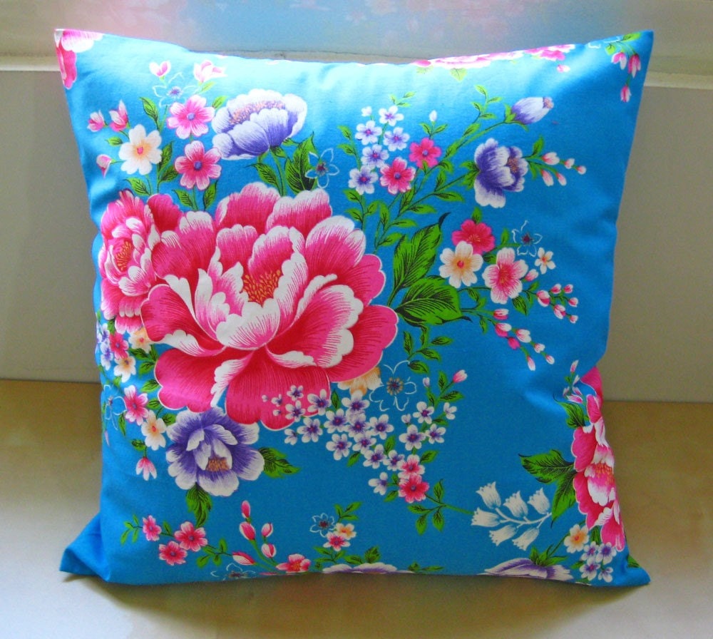 SALE 30% OFF-60s pop tradition of textile pillow /16" (40cm)- Turkey Blue flower pillow cover