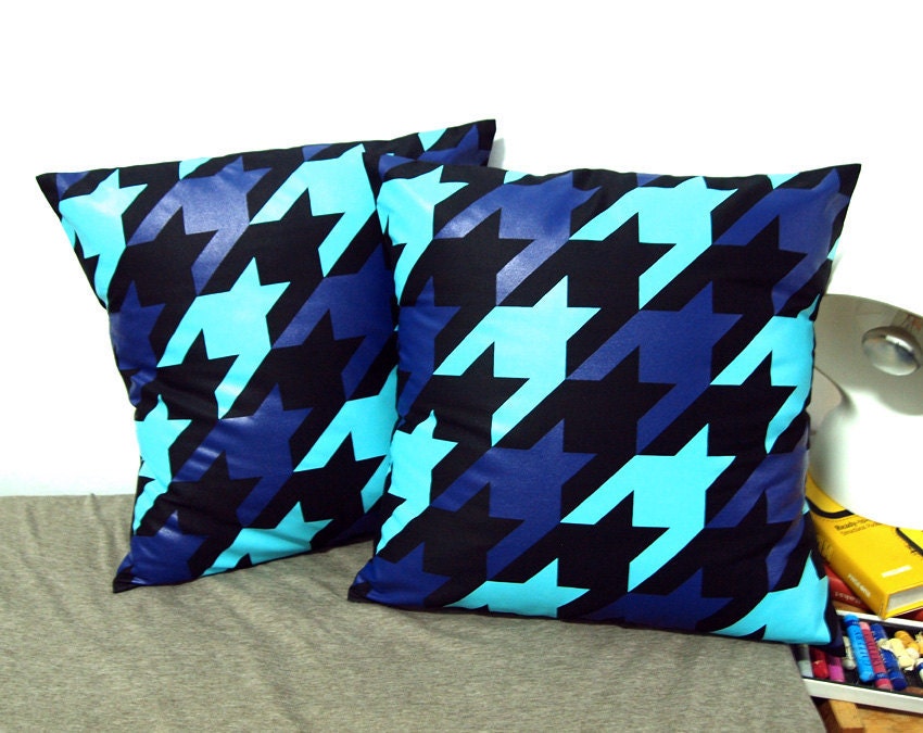 Set of two-Houndstooth Pillow Cover-Tiffany blue and blue printed in black cotton-16"(40CM)