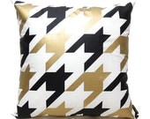 SALE 15% OFF-Houndstooth Pillow Cover-black and gold printed in white cotton-16"(40CM)