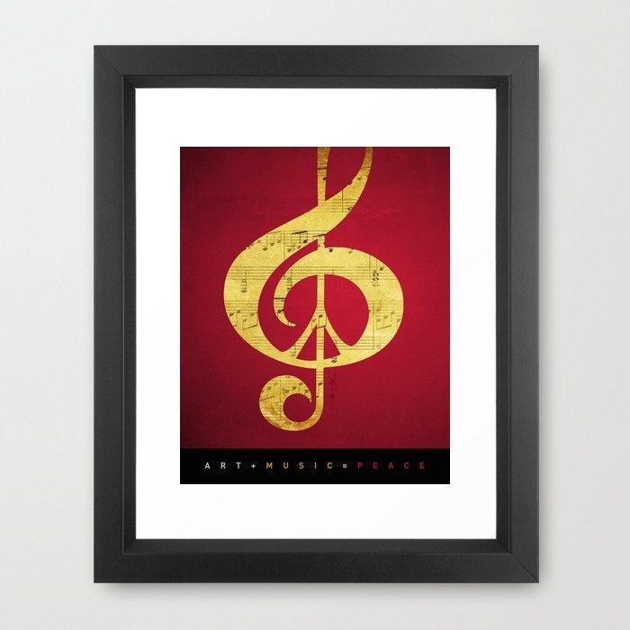Red Gold Print, Music and Peace, Sheet Music, Artist Signed, Peace Sign,Treble Clef, Red, Black, Gold, Glamour, Under 50, Framed - Inspireuart