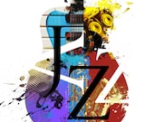 Jazz Guitar Print, Music, Artist Signed, Instrument, Guitar, Jazz, Rainbow, Blue, Red, Yellow, Black, Purple, Keyboard, Band