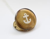 Anchor Locket Necklace - Vintage Brass Round Sterling Silver Anchor Summer Nautical Locket Jewelry