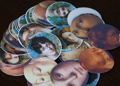 50 Eco Friendly Stickers: Renaissance women stickers, vintage ladies, envelope seals, recycled stickers, 1 1/2 inch, 1.5" (3.8cm) circles
