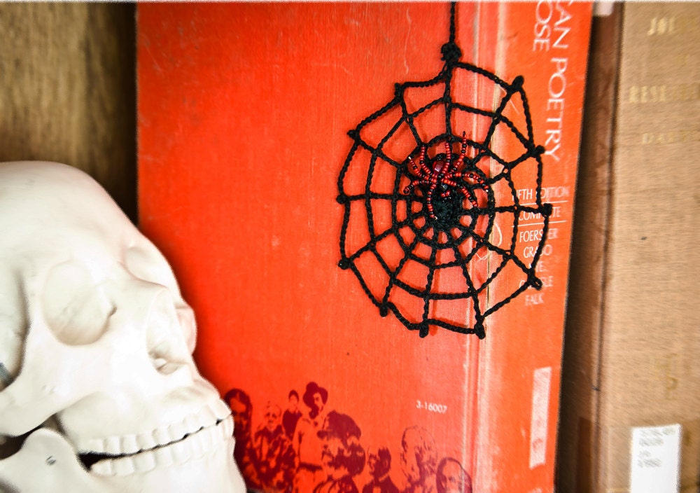 Halloween Spider Web Crochet with Beaded Spider Creepy Decor