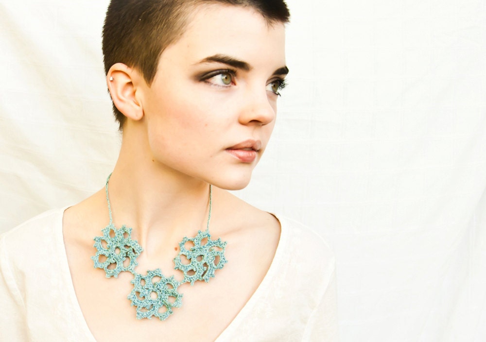 Pinwheel Necklace, Crochet Jewelry, Pastel Blue Silk - BobbiLewin