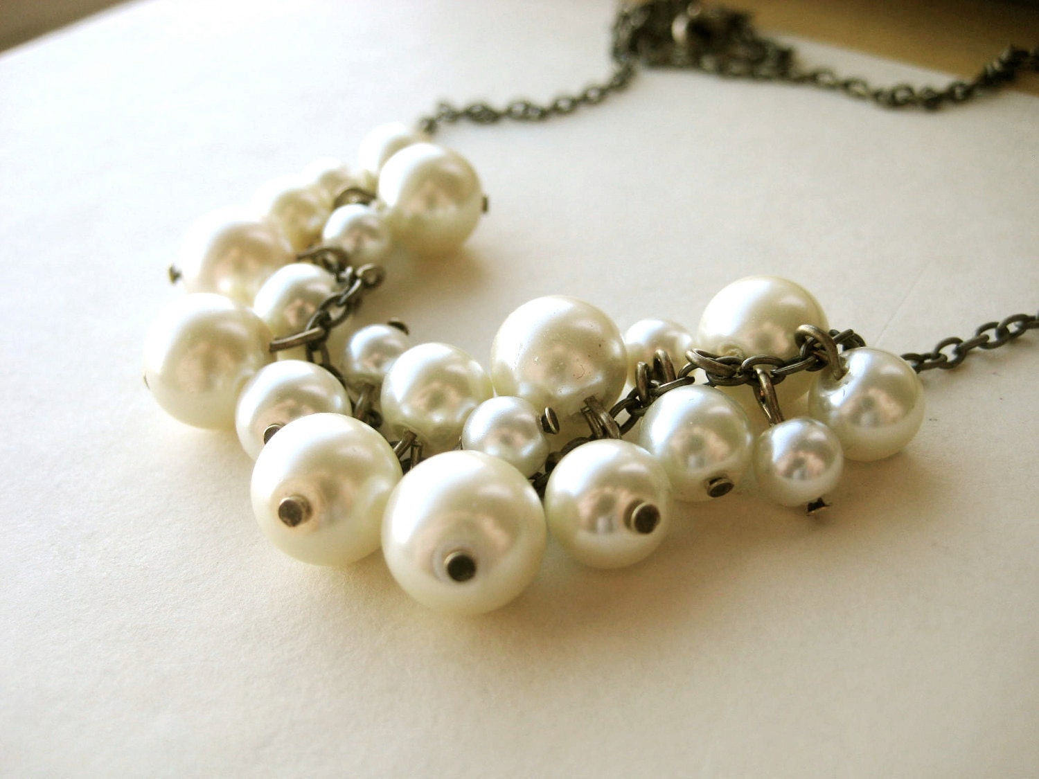 Pearl Cluster Necklace - bridal, wedding, bridesmaid gift, ivory, white, antique brass, non-traditional