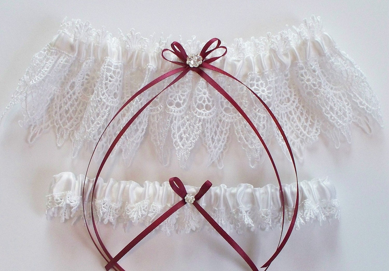 White Lace Garter Set with Custom Color Double Satin Bow and Margarita Crystal Center - The ANDREA Set