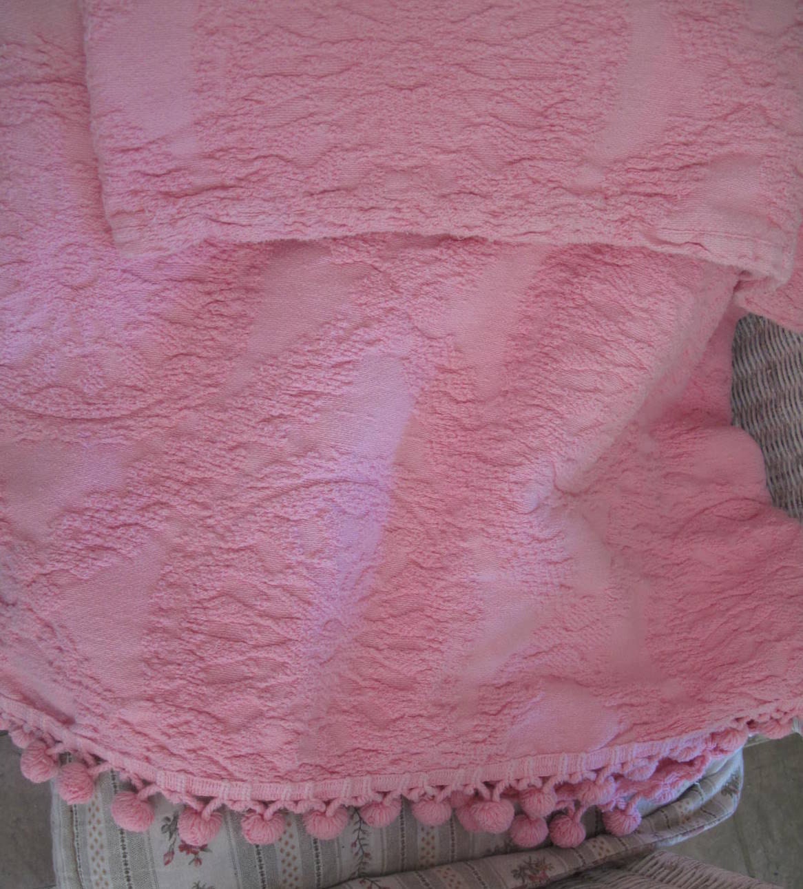 Pink Cotton Short Chenille Full Size Bedspread with Ball Fringe