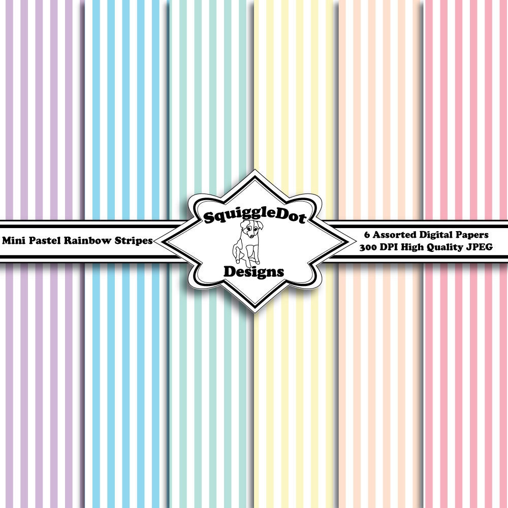 Digital Printable Paper for Cards, Crafts, Art and Scrapbooking Set of 6 - Mini Pastel Rainbow Stripes - Instant Download