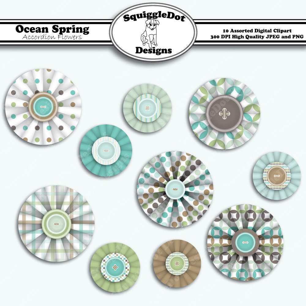 Digital Printable Clip Art Embellishments for Cards, Crafts, Scrapbooks Set of 10 - Ocean Spring Accordion Flowers - Instant Download