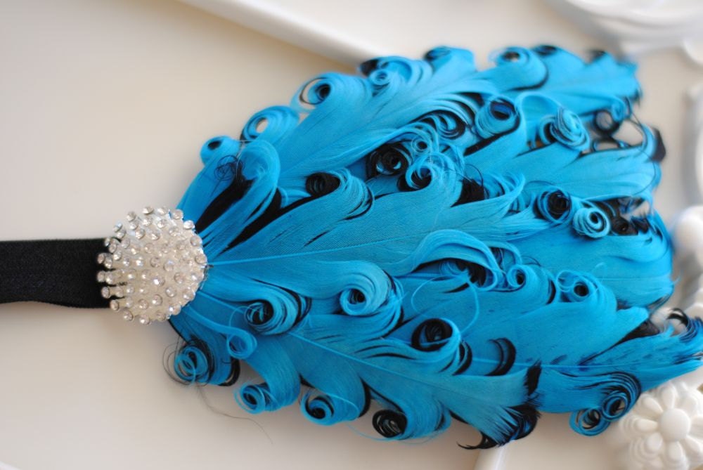 Feather Headband - Vintage Inspired - Turqoise and Black - Baby Girl or Toddler