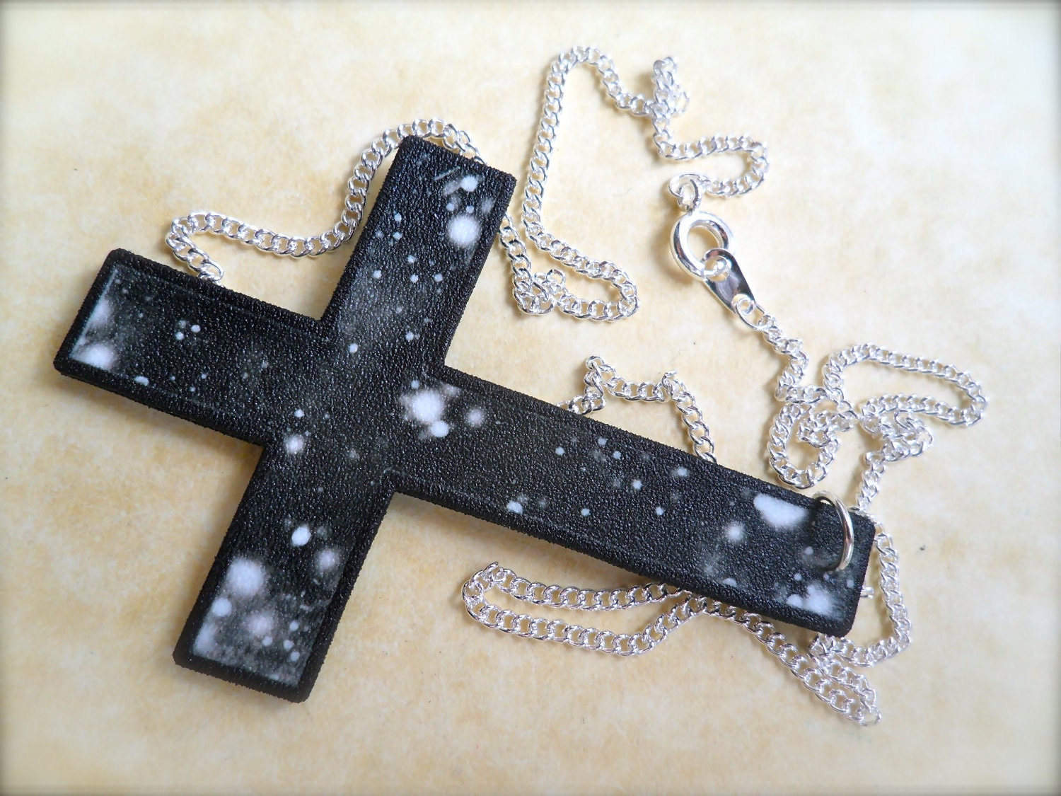 Large dark inverted upside down cross astro dust galaxy space print charm necklace with silver chain