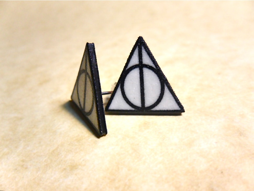 Deathly Hallows triangle circle symbol stud post earrings black and white