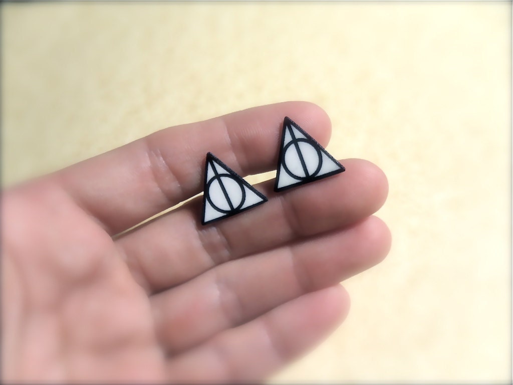 Deathly Hallows triangle circle symbol stud post earrings black and white