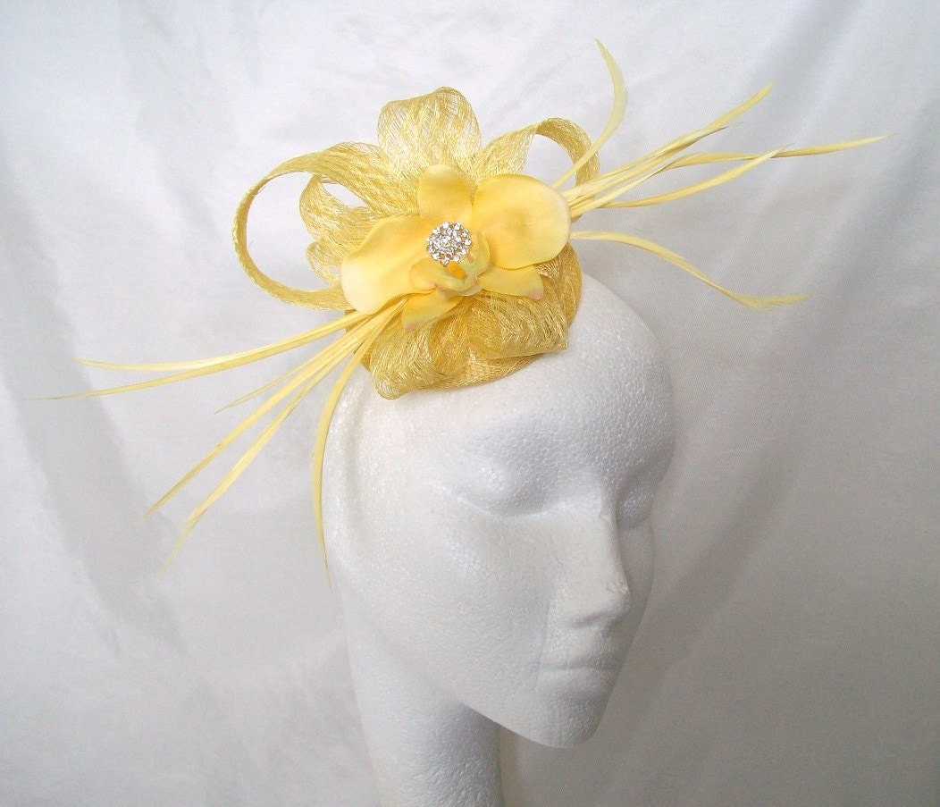Primrose Yellow Orchid Sinamay Rhinestone & Feather Wedding Fascinator Mini Hat
