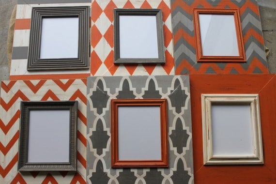 Set of 6 Distressed M O D Picture Frames in Orange and Man Cave, Chevron,Argyle,Trellis,Solid,Stripe,Multi Chevron Zig Zag