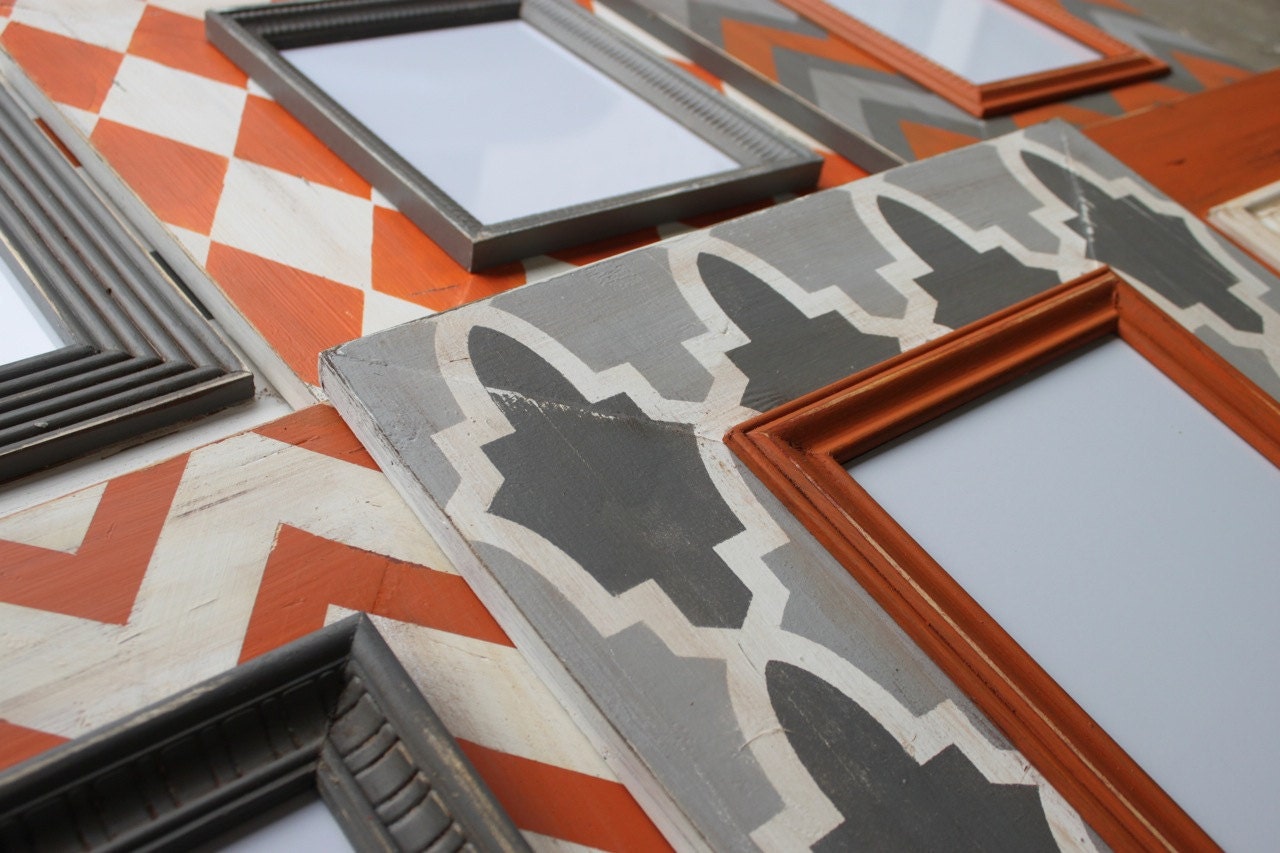 Set of 6 Distressed M O D Picture Frames in Orange and Man Cave, Chevron,Argyle,Trellis,Solid,Stripe,Multi Chevron Zig Zag