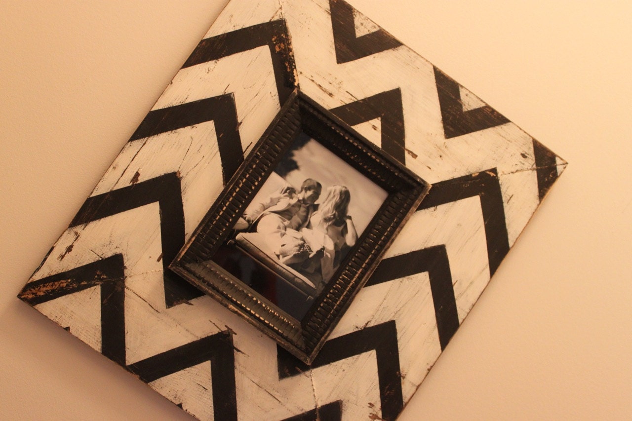 Mod Chevron Distressed Wood Picture Frame Black and White, To be featured on The Nate Berkus Show in May