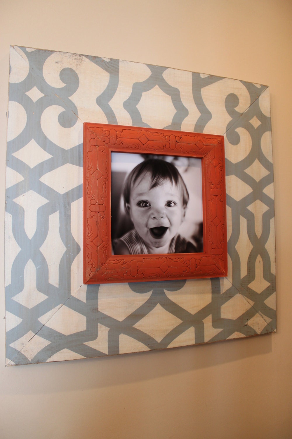 Fretwork Distressed 8x8 or 8x10 Wood Picture Frame with 8" Wood Orange,Blue and Vintage Cream