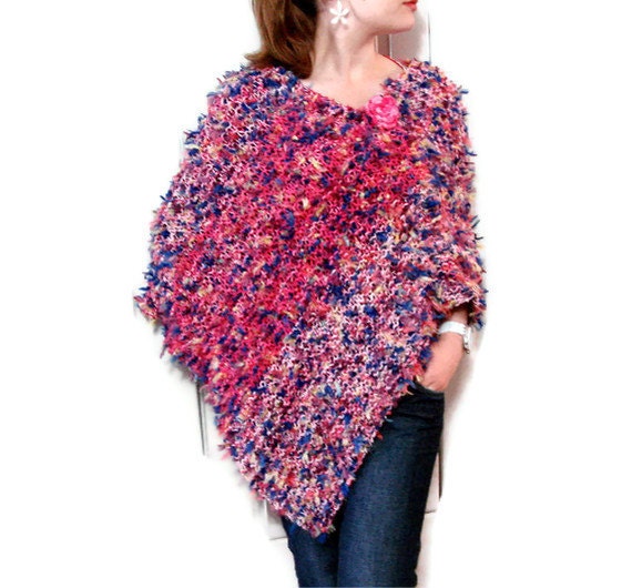 Hand Knitted Multicolor Poncho Size M Handspun Handmade Triangle Soft Shawl Cape All Seasons