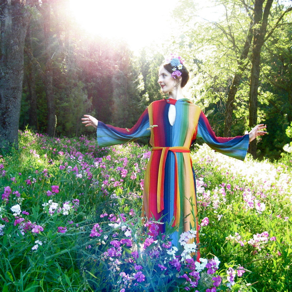 60s CAFTAN Of MANY COLORS Hooded Rainbow Amazingness
