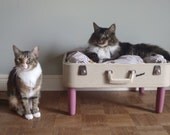 reserved for heather & fernando's wedding registry Lovable Luggage Pet Bed - Upcycled Suitcase - White and Pink - 2 dollars goes to carescatshelter
