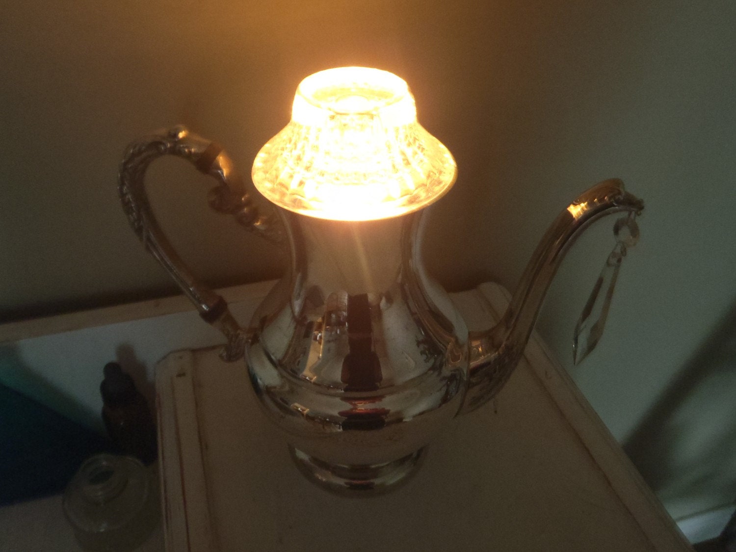 FREE SHIPPING Whimsical Teapot Boudoir Night Light - Vintage Silver Plated Tea Pot
