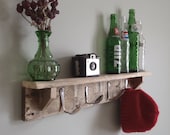 RESERVED FOR MIKI Salvaged Pallet Wood Shelf - Antique Spoon Hooks - Rustic Cottage Cabin