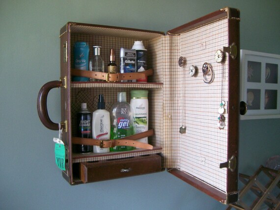 O N S A L E Rustic Vintage Suitcase Vanity - Brown Leather with Checkered Interior - Eco Chic