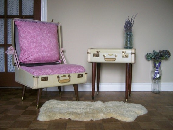 Pretty in Pink Suitcase Chair and Table Combo - Upcycled Vintage Luggage - Eco Chic Glam