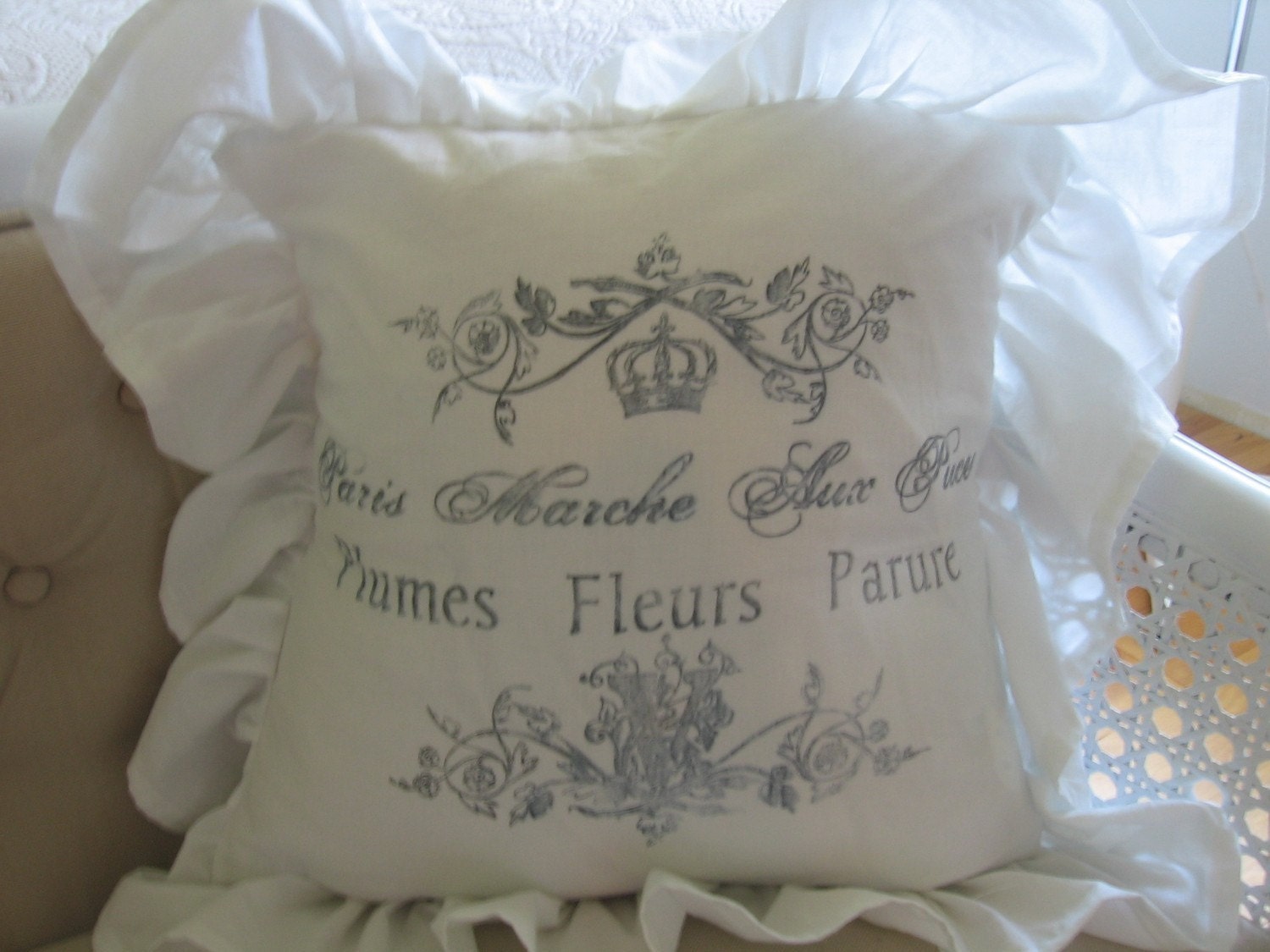 Shabby Chic Pillow Paris Marche Ruffle Pillow White cotton