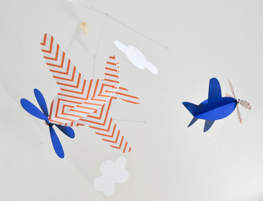 Baby Mobile, Airplanes in Orange Chevron and Blue