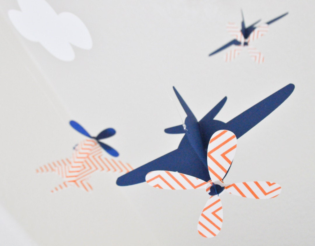 Baby Mobile, Airplanes in Orange Chevron and Blue