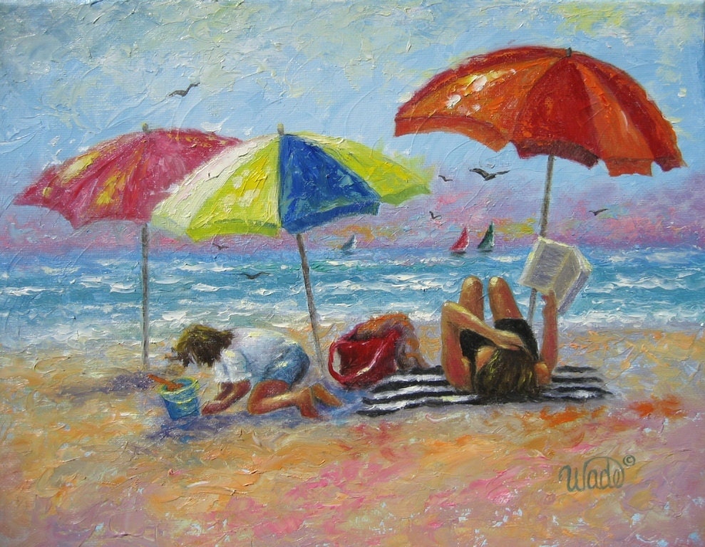 At the Beach Art Print, mother and daughter, beach girls, beach decor, beach painting, beach umbrellas, Vickie Wade art