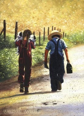 Puppy Love Print, Country Kids, school kids, boy and girl, paintings, prints, amish children, puppies, Vickie Wade art