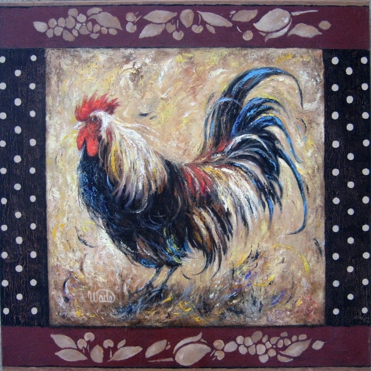 Rooster Oil Painting, 20 X 20, rooster paintings, kitchen art, rooster art, chicken paintings, kitchen art, Vickie Wade paintings