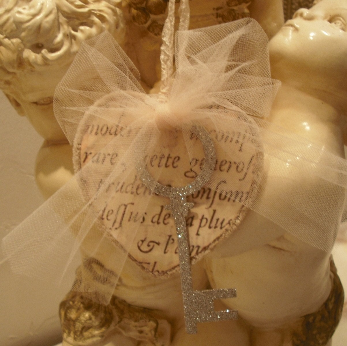 Christmas Ornament...Vintage Inspired French  Key To My Heart/French Script/Tulle/Glittered Key