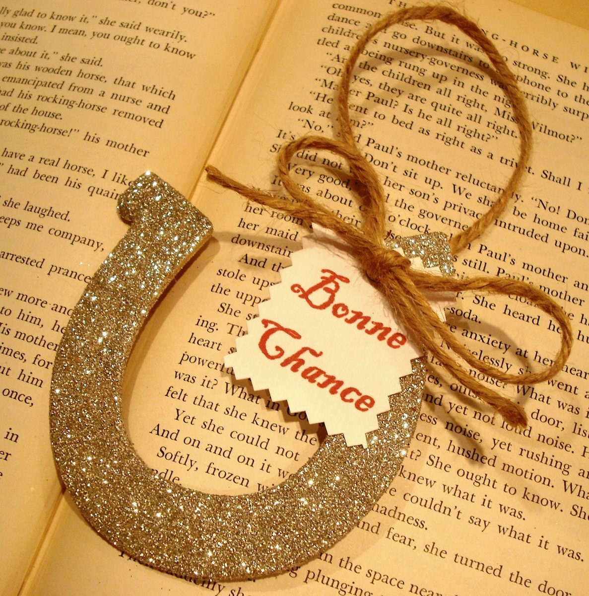 Graduation/Silver Glittered Bonne Chance/Good Luck Horseshoe/Jute Twine