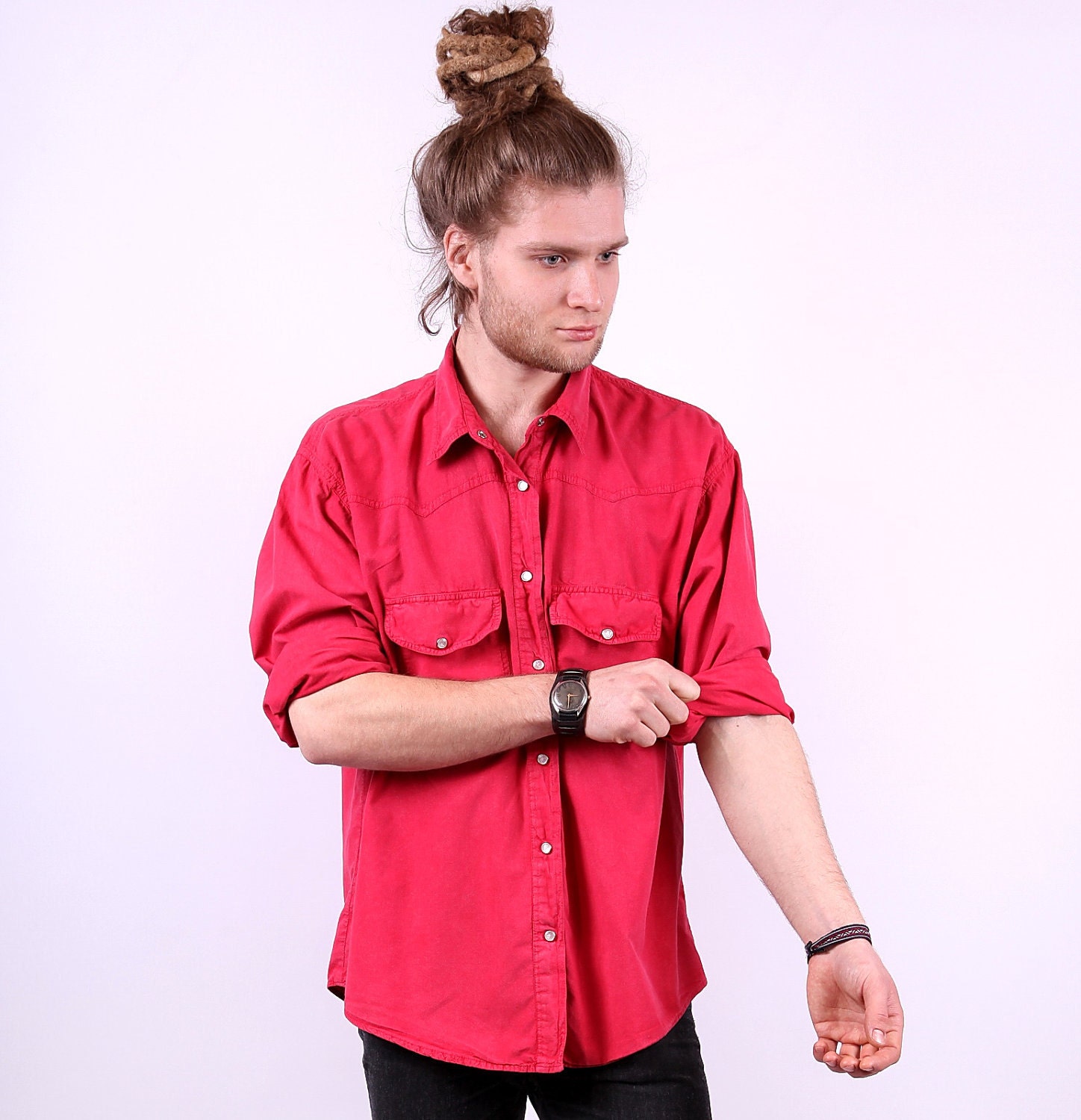 1980s Mens Western Shirt / Red Pearl Snaps Shirt / Large