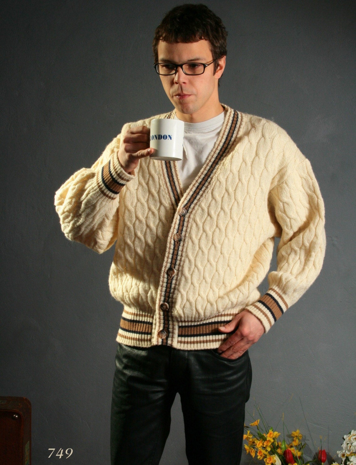 Vintage 1970s Fisherman's Cardigan / Braided Scotish Wool / Medium