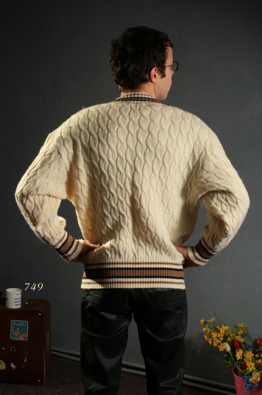 Vintage 1970s Fisherman's Cardigan / Braided Scotish Wool / Medium