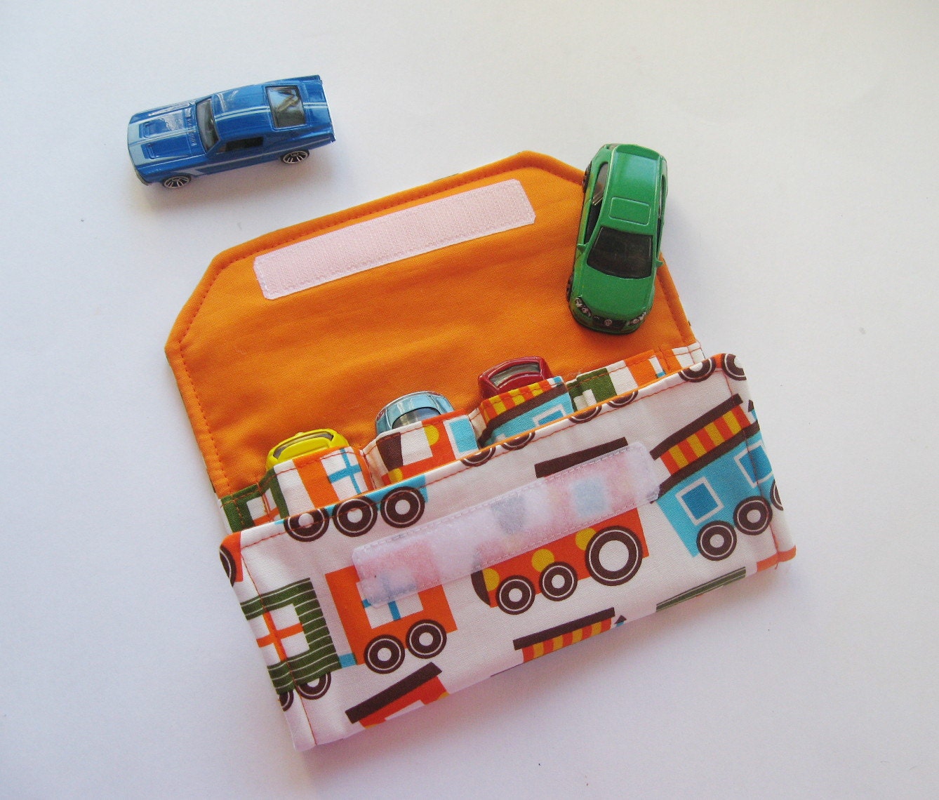 The ORIGINAL Car Wallet with Pocket (holds 4) ... Trains (orange)