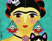 FRIDA Kahlo and Tuxedo CAT Art PRINT from Original Painting - by Jill