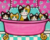 Calico CATS Kittens in Pink BATHTUB Art PRINT from Painting by Jill