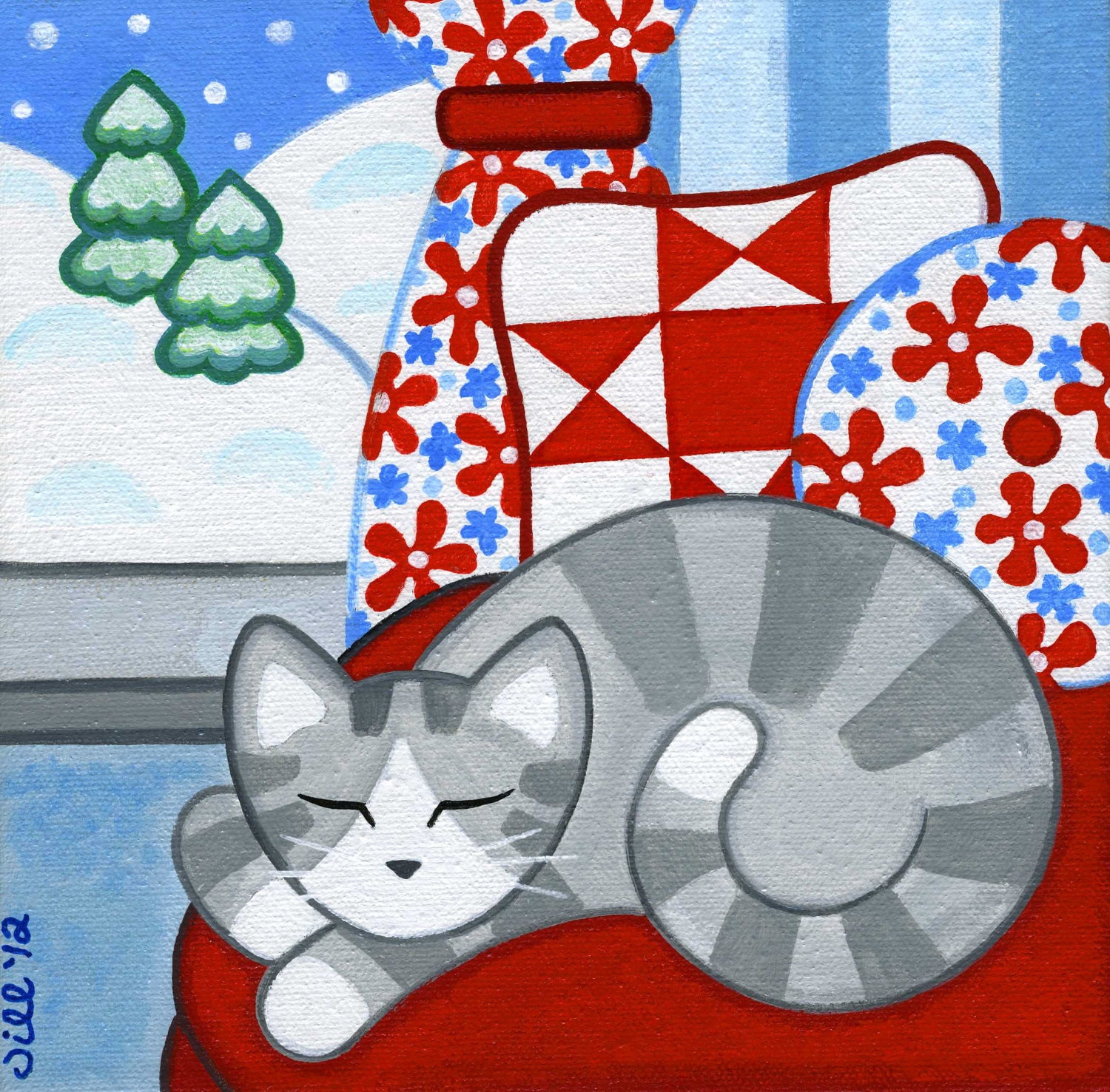 Gray Tabby CAT Napping on Pillows PRINT from Original Painting by JILL