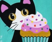 Tuxedo CAT and CUPCAKE with Pink Frosting & Sprinkles PRINT from Original Painting by Jill