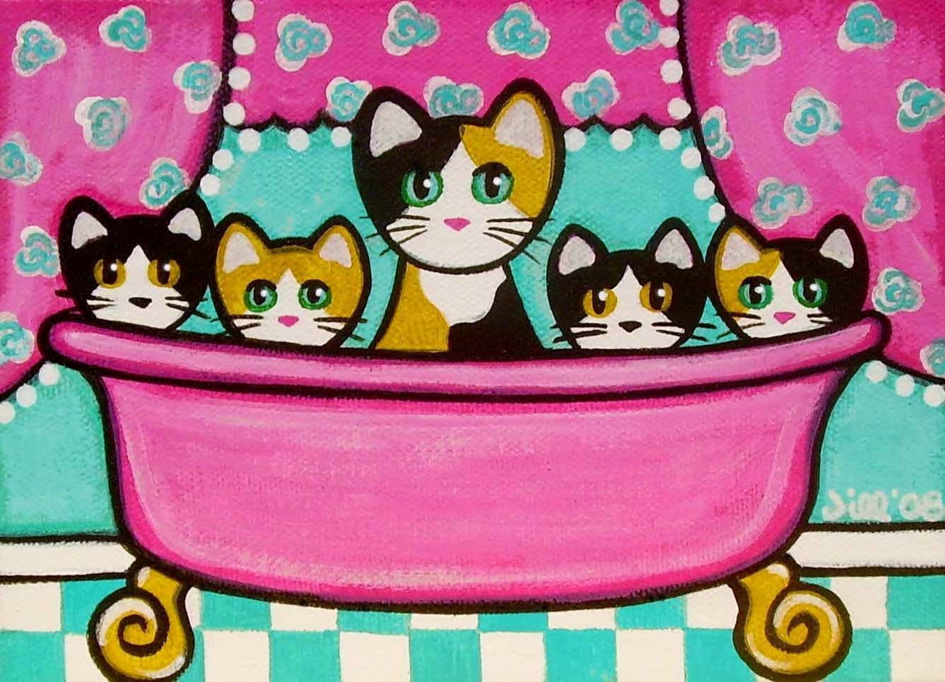 Calico CATS Kittens in Pink BATHTUB Art PRINT from Painting by Jill