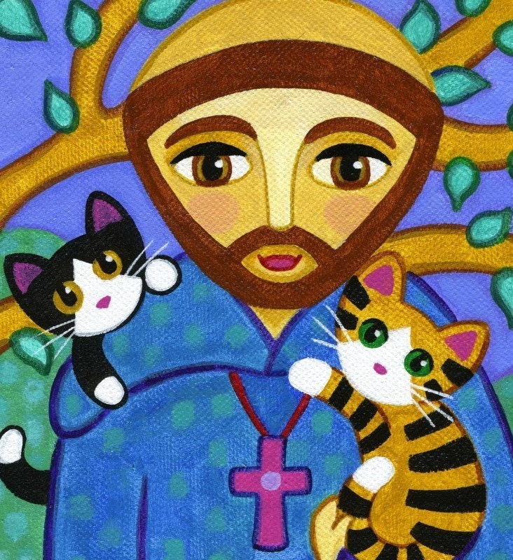 Saint FRANCIS of Assisi with CATS Art PRINT from Original Painting - by Jill