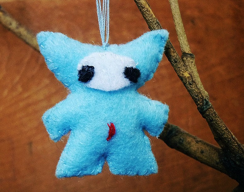 Ninja Yeti Plush Ornament: miniature stuffed plushie hand stitched with light blue felt